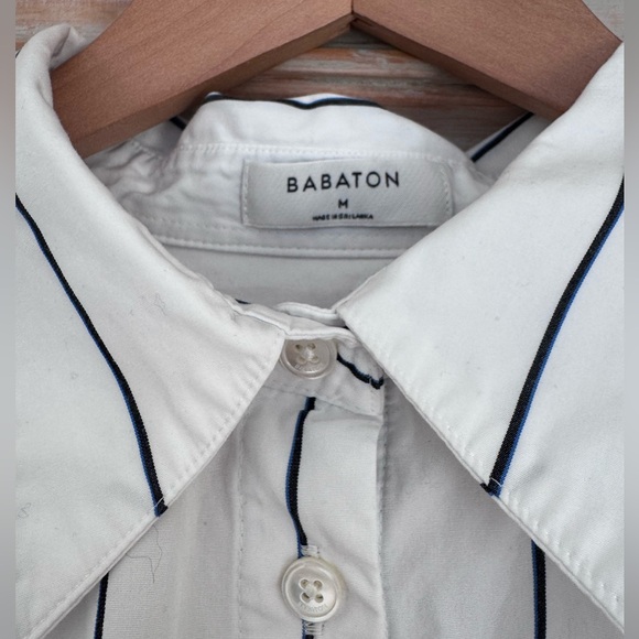 Babaton Oversized Crisp Cotton Bright White with Black/Blue Stripes. Size M. - Picture 2 of 8